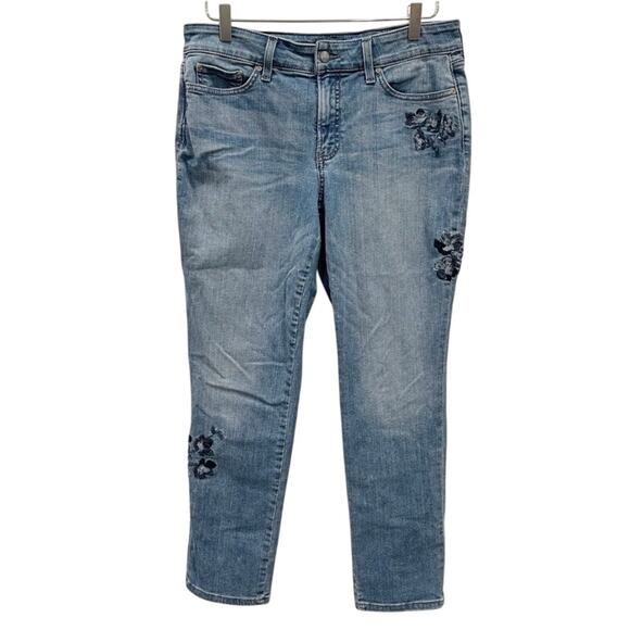 NYDJ Pants - NYDJ Boyfriend Jeans Women Size 12 Blue Denim with Flower Embroidered 5 Pocket